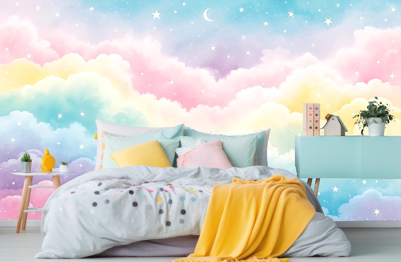 Colorful Sky Wallpaper for Kids,soft Color Clouds Mural Peel and Stick ...