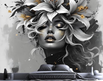 Abstract Gray Gold Woman Wallpaper Peel and Stick,Floral Female Portrait Mural,Luxury Fashion Wallpaper,Stunning Beauty Decor,Elegant Mural
