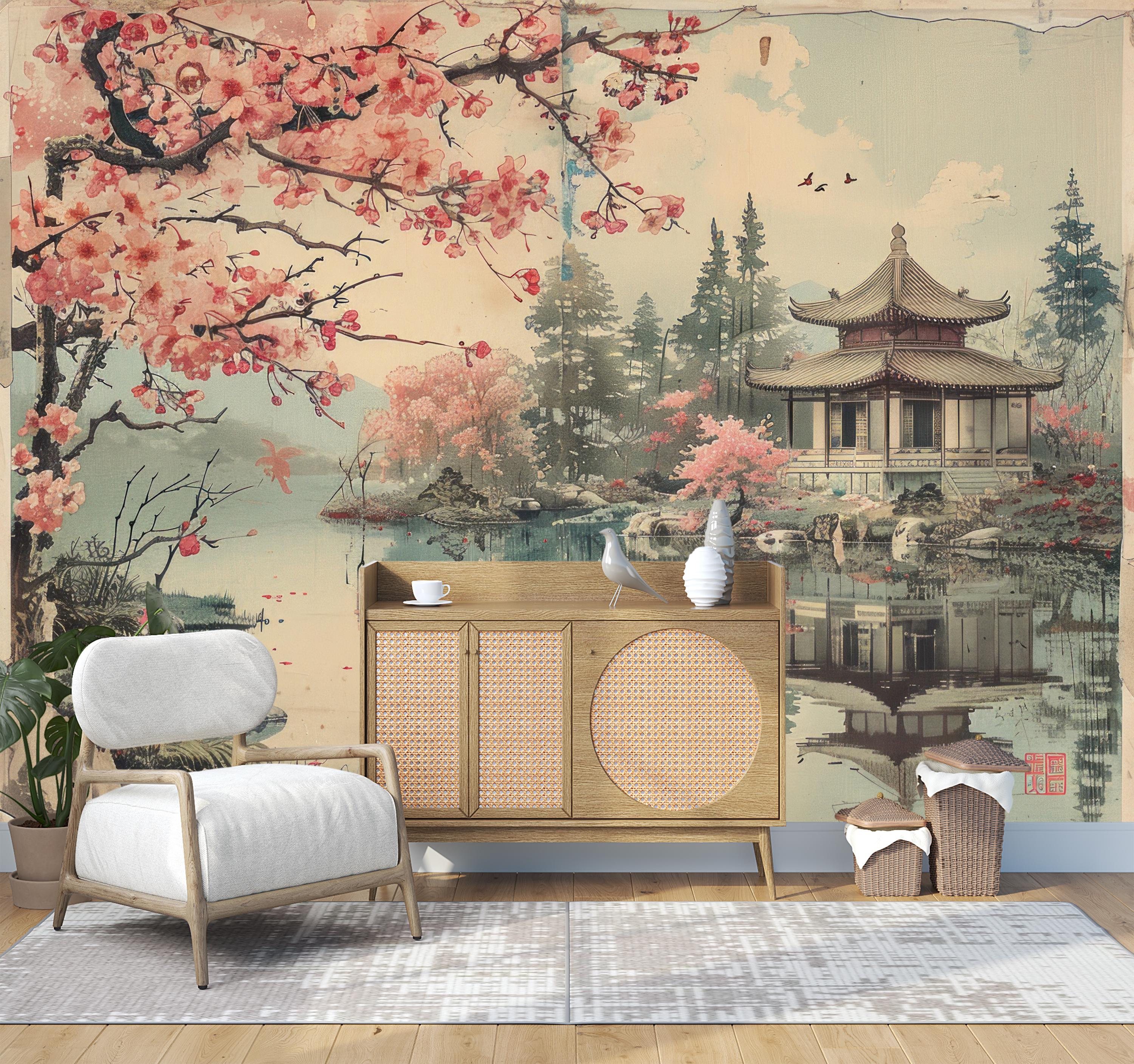 Chinoiserie Landscape Wallpaper,cherry Blossoms Mural Peel and Stick ...