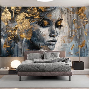 Abstract Woman Face Wallpaper Peel and Stick,Gray Gold Female Portrait Mural,Stunning Beauty Decor,Custom Luxury Fashion Wall Art