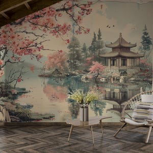 Chinoiserie Landscape Wallpaper,Cherry Blossoms Mural Peel and Stick,Chinese Pagoda Wall Decor,Rustic Scene Wallpaper,Floral Scenic Wall Art