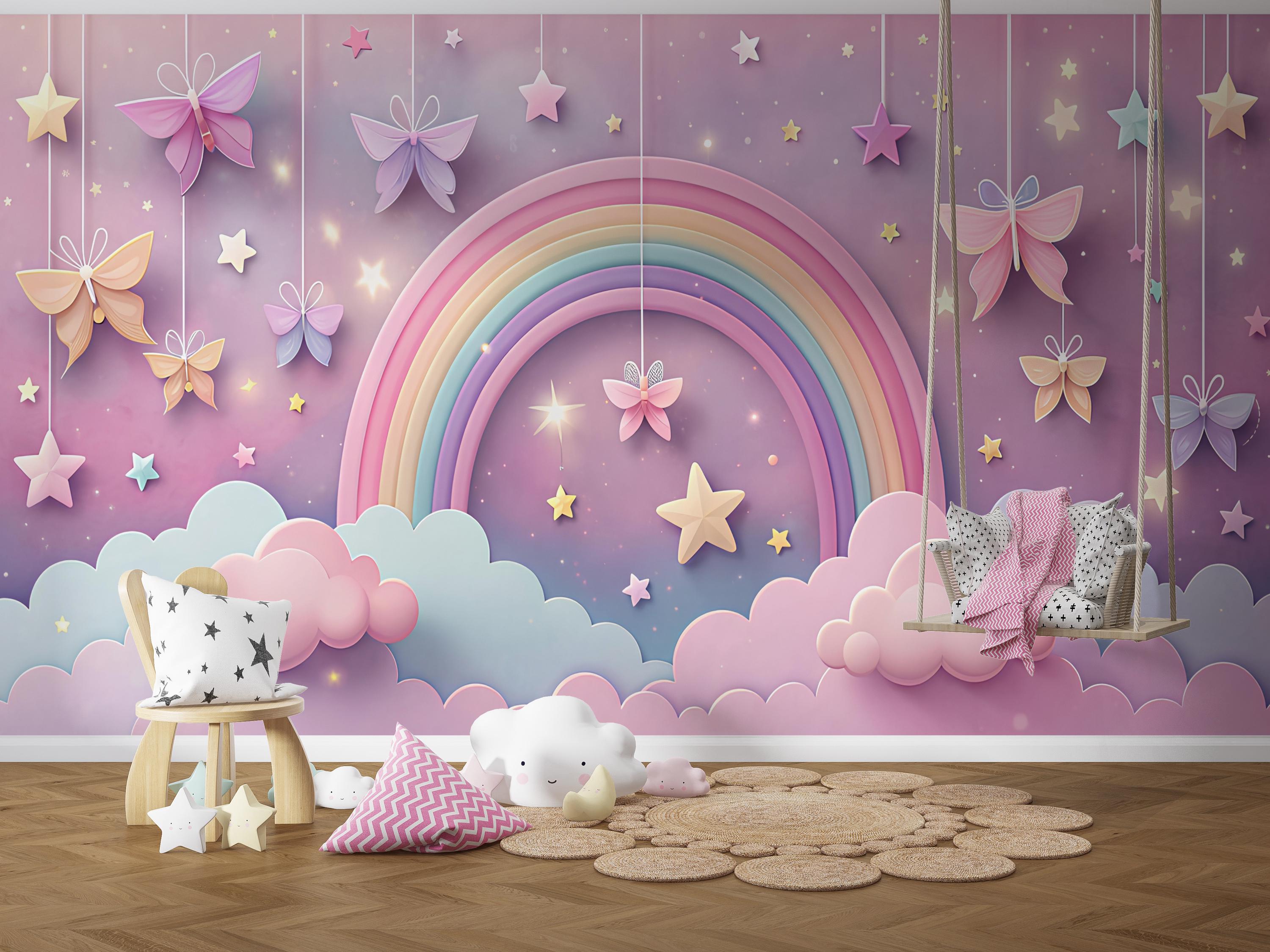 Cute Clouds Wallpaper for Kids,rainbow Mural Peel and Stick,pastel Pink ...