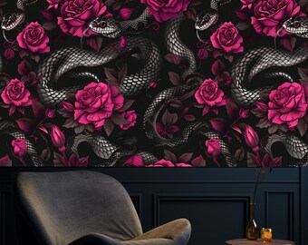 May include: A dark, patterned wallpaper featuring a repeating design of gray snakes and vibrant pink roses against a black background. The image also shows a gray armchair, a small table, and a vase.