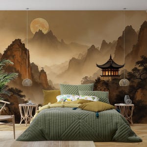 Vintage Chinoiserie Landscape Wallpaper,Pagoda Mural,Asian Mountain Wall Decor,Chinese Wall Art,Ancient Wallpaper with Trees,Rustic Scene
