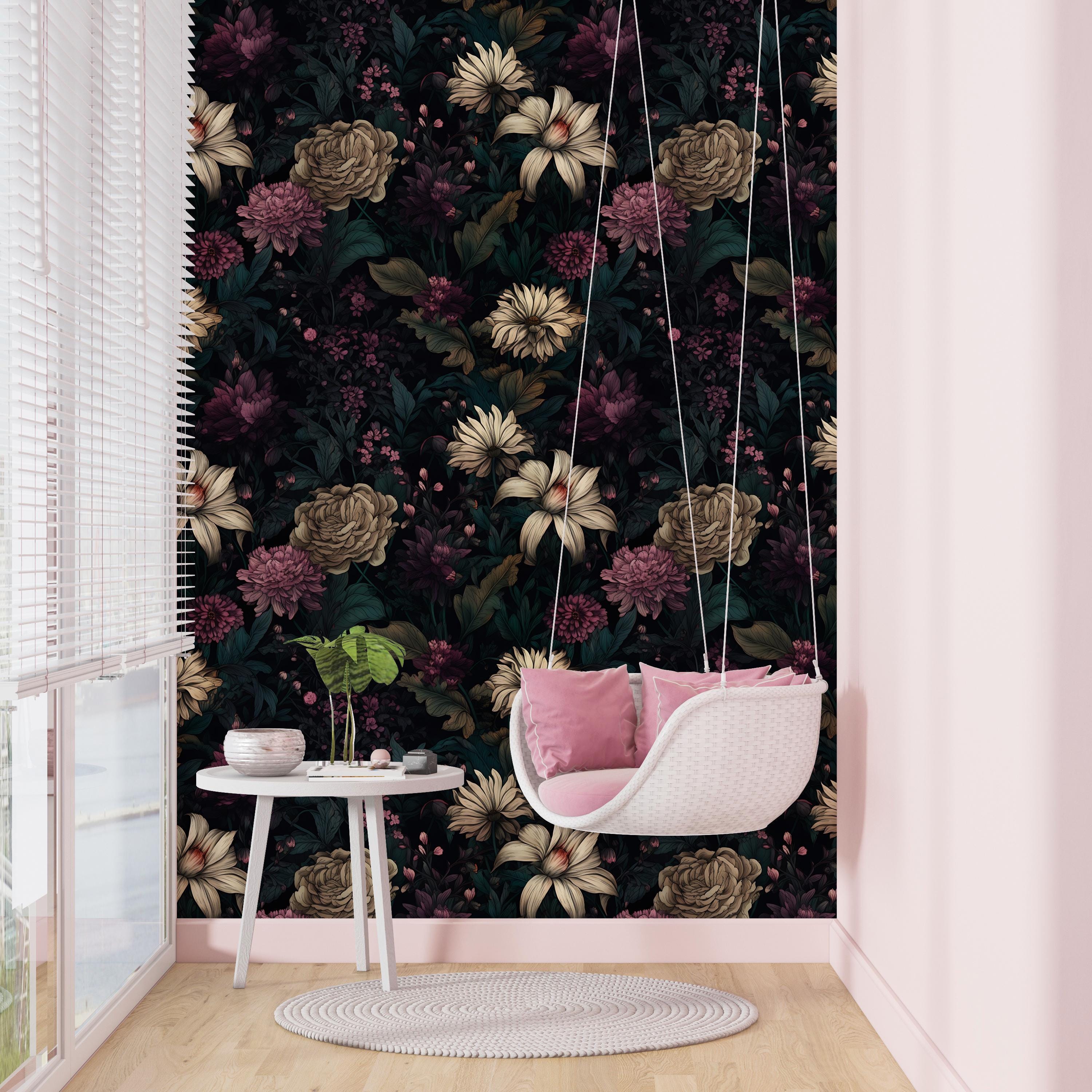 Black Gothic Mural With Flowers,dark Floral Wallpaper Peel and Stick ...