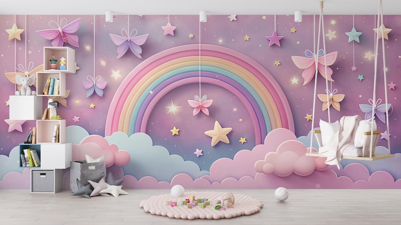 Cute Clouds Wallpaper for Kids,rainbow Mural Peel and Stick,pastel Pink ...