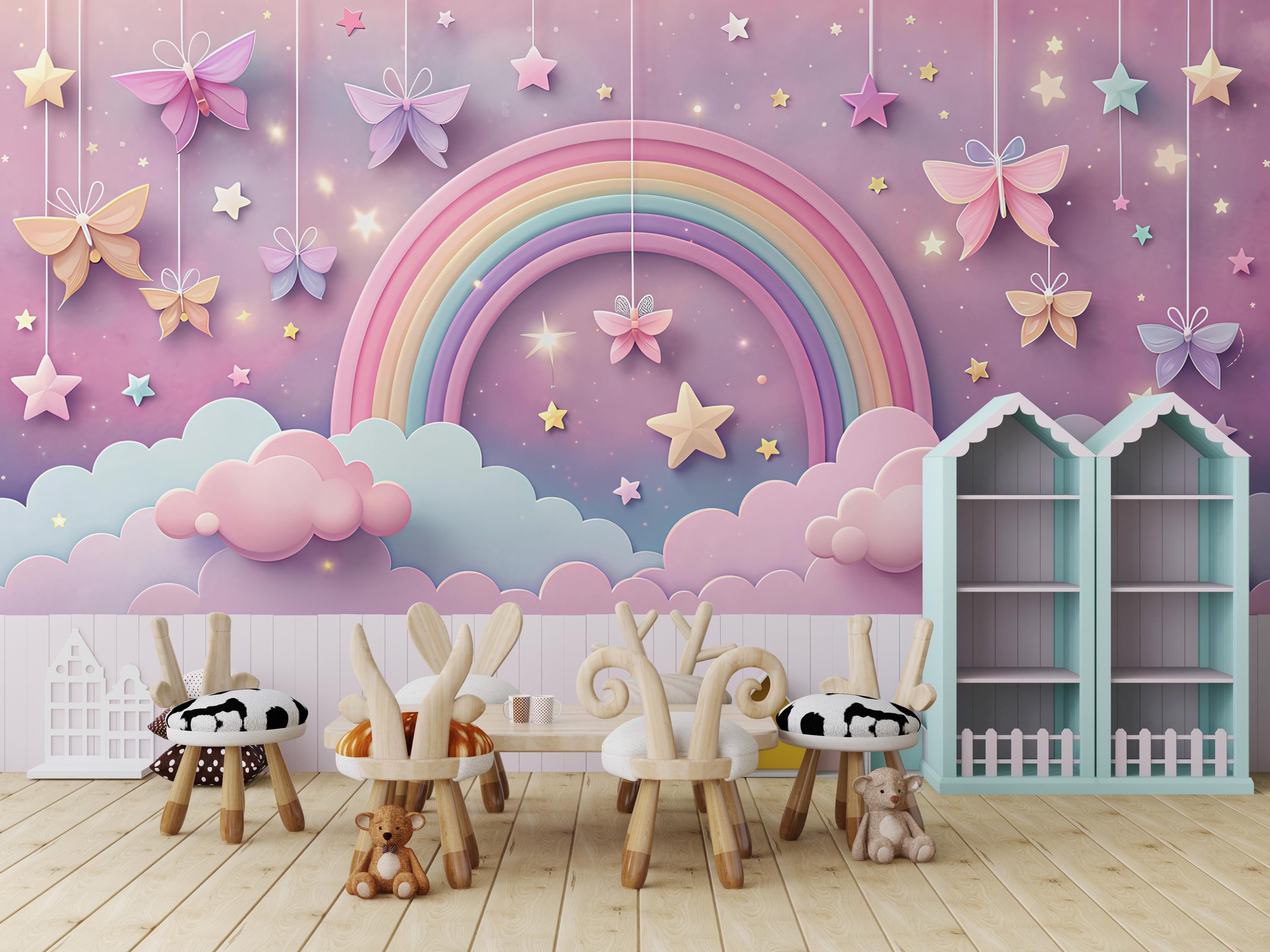 Cute Clouds Wallpaper for Kids,rainbow Mural Peel and Stick,pastel Pink ...