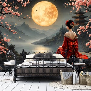 Chinoiserie Night Landscape Wallpaper,Asian Geisha Mural,Cherry Blossom Wall Decor Peel and Stick,Chinese Wall Art,Rustic Scene Wallpaper