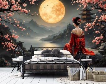 Carta da parati paesaggio notturno in stile Chinoiserie, murale geisha asiatica, decorazione murale con fiori di ciliegio autoadesiva, arte murale cinese, carta da parati con scena rustica