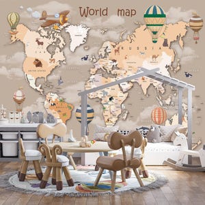 Papier peint carte du monde pour enfants, décoration murale des continents pour chambre d'enfant, décoration murale ballons à air chaud, décoration murale animaux mignons pour chambre de bébé garçon