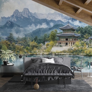 Carta da parati con paesaggi cinesi, murale con pagoda cinese da staccare e attaccare, carta da parati con scena rustica, arte murale con paesaggi montani, murale con scenario giapponese