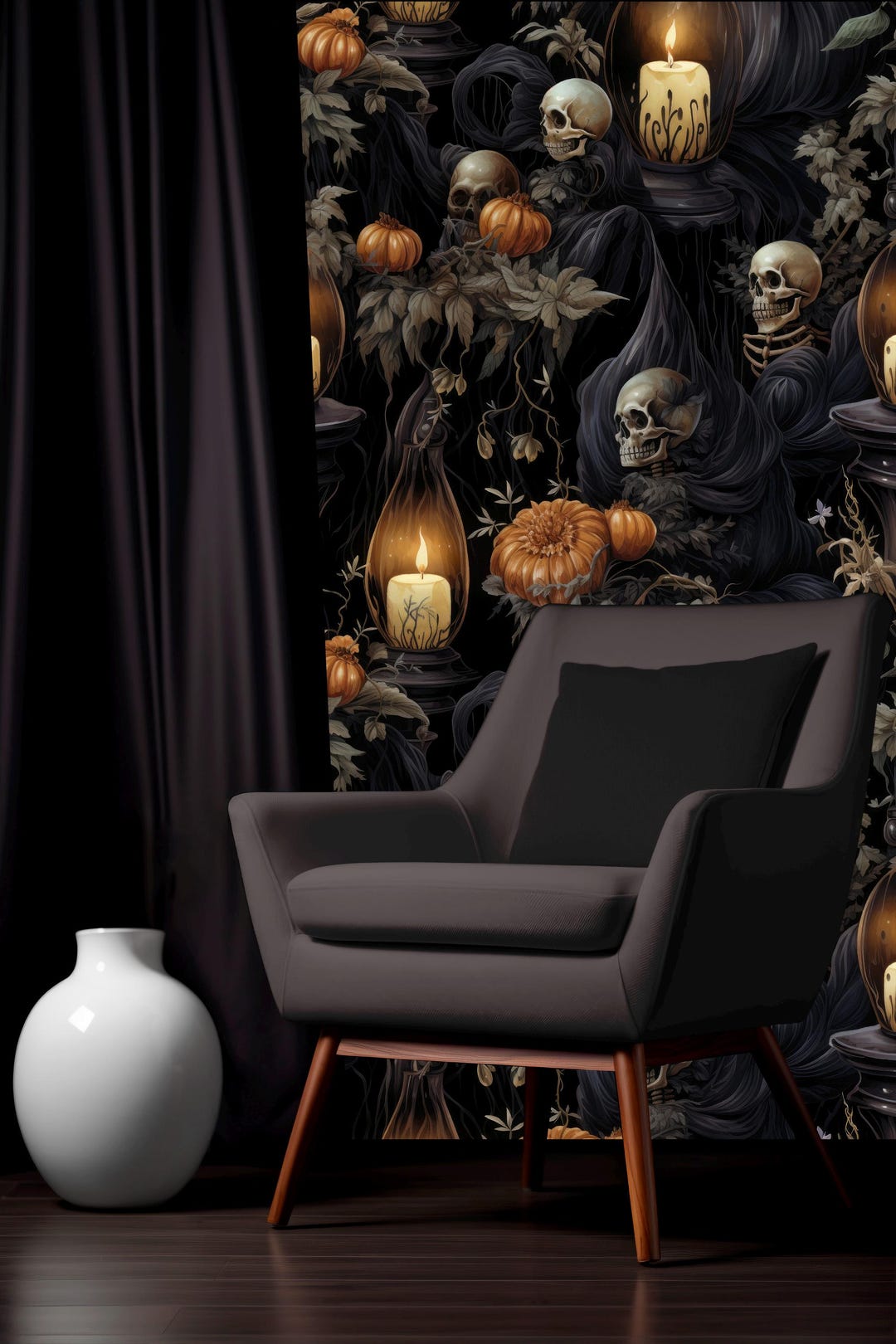 Gothic Pumpkins Mural Peel and Stick,halloween Skulls Wallpaper,mystic
