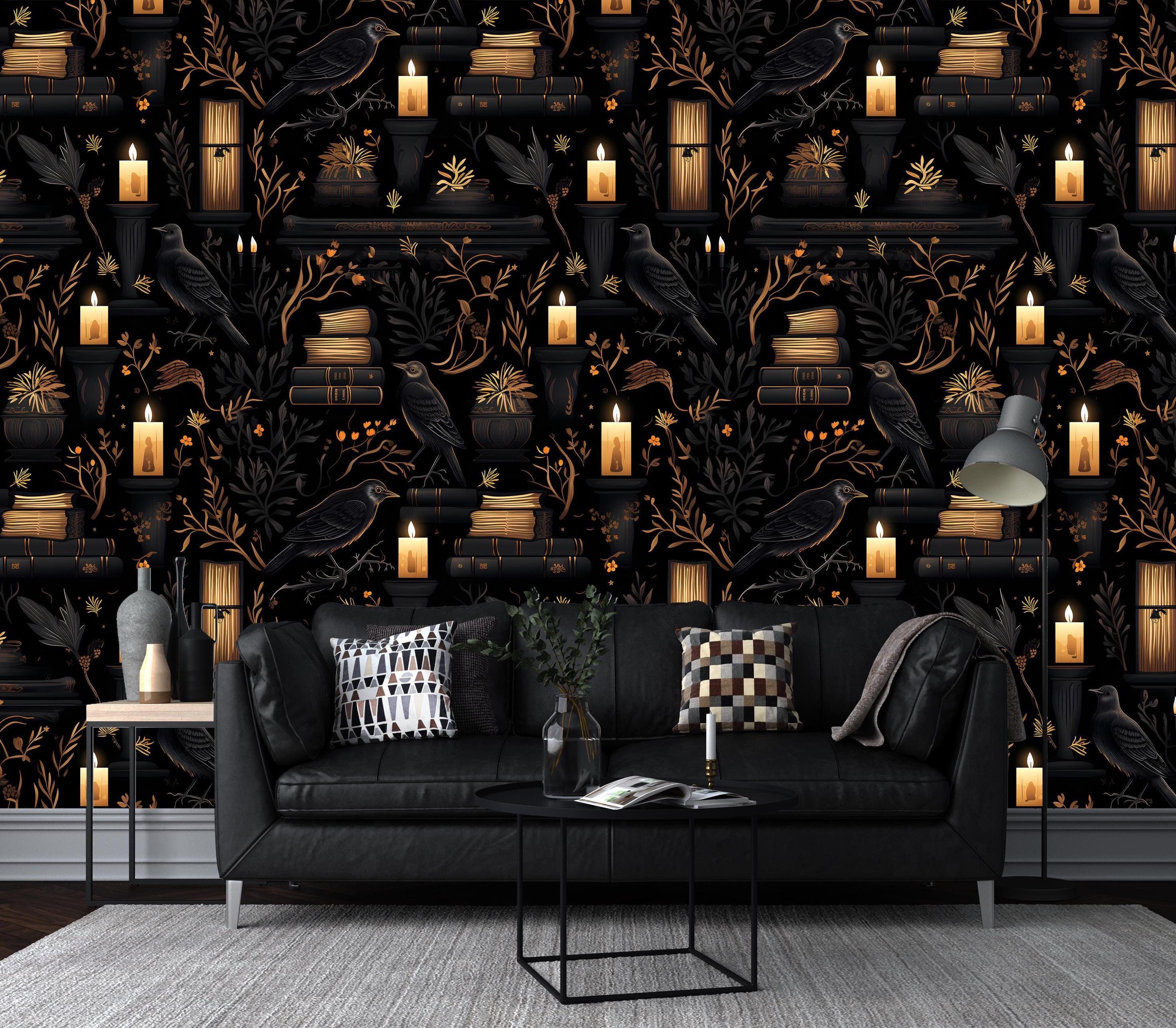 Black Gothic Mural with Crows,Peel and Stick Bookshelf Wallpaper,Mystic Bedroom Wall Decor,Moody Wall Art with Candles,Wizard Wallpaper