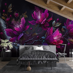 Deep Pink Floral Wallpaper,Magenta Flowers Mural Peel and Stick,Dark Botanical Wall Decor,Luxury Bedroom Wallpaper,Black Background Mural