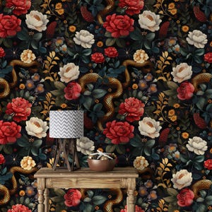 Dark Gothic Mural,Serents Wallpaper Peel and Stick,Snakes and Flowers Wall Decor Peel and Stick,Mystic Wall Art,Floral Mural