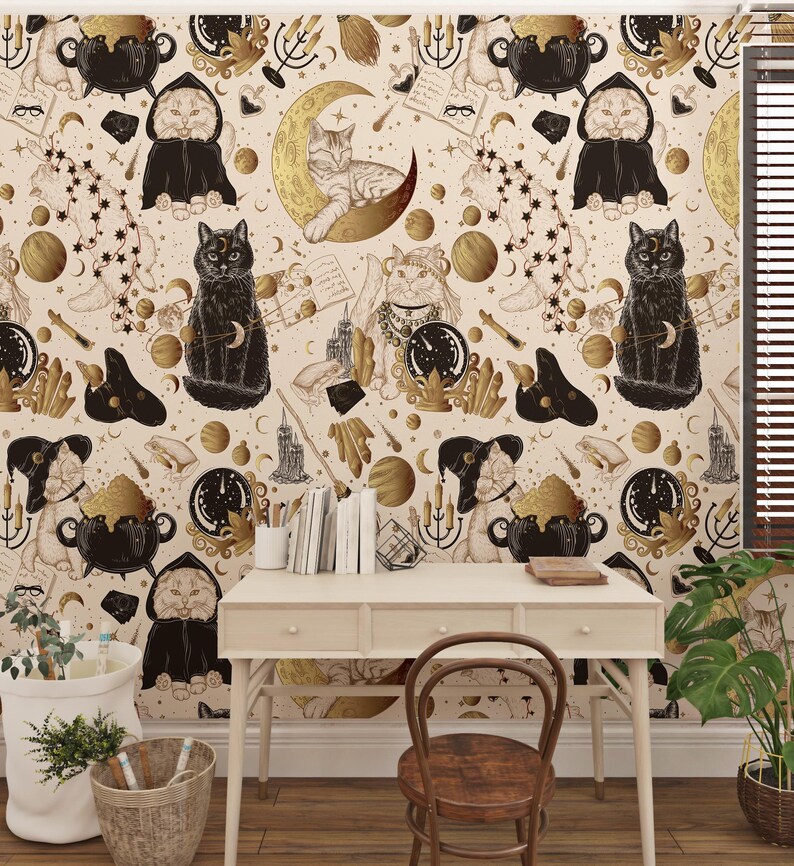 May include: A patterned wallpaper design with a repeating motif of cats, moons, stars, and magical elements in beige, black, and gold. The design includes cats in cloaks, cauldrons, and celestial motifs, creating a mystical theme.