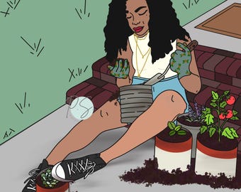 Custom Illustration of Black Woman Gardening - Uplifting Illustration to Nourish Your Spirit