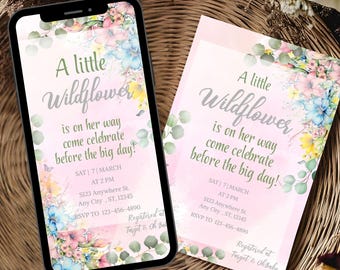 Wildflower Baby Shower Invitation, Editable Elegant Pink Floral Invite, Baby in Bloom Printable Template