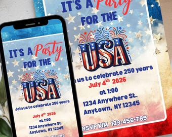 4th of July Invitation Editable Template, Red White and Blue USA Fireworks Party Invite, Patriotic Birthday BBQ Invite Instant Download