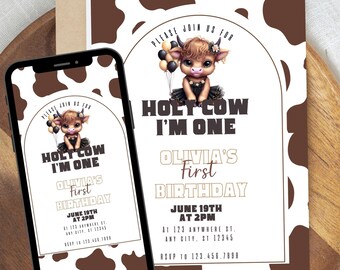 Editable First Birthday Invitation Canva Template 5x7 | Holy Cow I’m One Invite Printable Digital Farm Theme Party Invite