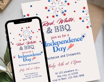 Modèle modifiable d'invitation du 4 juillet, invitation de fête rouge, blanc et bleu, invitation patriotique à un barbecue, téléchargement immédiat imprimable