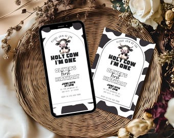 Editable First Birthday Invitation Canva Template 5x7 | Holy Cow I’m One Invite Printable Digital Farm Theme Party Invite