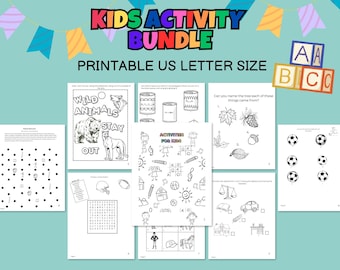 Peut inclure: Un ensemble de feuilles d'activités imprimables pour enfants, comprenant divers jeux et exercices éducatifs. Le titre "KIDS ACTIVITY BUNDLE" est affiché en haut, avec "PRINTABLE US LETTER SIZE" en dessous. Les feuilles incluent des labyrinthes, des mots cachés et des coloriages.