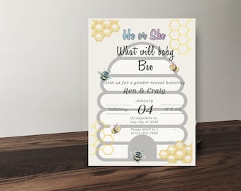 Baby Bee Gender Reveal Invitation, What Will It Bee Invite, Bumble Bee Baby Shower, Editable Template, Instant Download