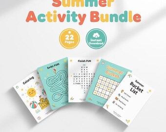 Summer Activity Bundle for Kids Printable 22 Pages | 30 Days of Summer Bucket List, Coloring Games Worksheets PDF