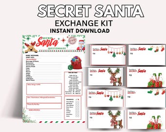 Puede incluir: Un kit de intercambio de Secret Santa con un cuestionario y etiquetas de regalo. El cuestionario tiene secciones para preferencias y restricciones dietéticas. Las etiquetas de regalo presentan diseños festivos con renos y árboles de Navidad.