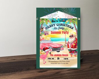 Christmas in July Invitation Editable Template, Summer Christmas Party Invite, Printable Holiday Party Invite, Instant Download