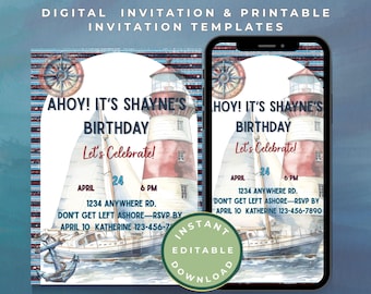 Editable Nautical Birthday Invitation Template, Sailboat Ocean Party Invite, Boy Birthday Invite, Printable Navy Theme
