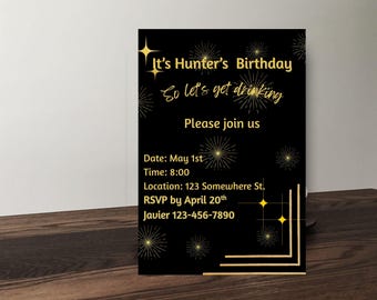 Modern Mens Birthday Invitation Template, Editable Adult Male Birthday Invite, Minimalist Black Gold Party Invite Printable