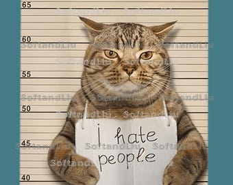 May include: A tabby cat with a stern expression stands against a height chart background, holding a sign that reads "I hate people." The image has a teal border and the words "NEW DIGITAL" at the top.