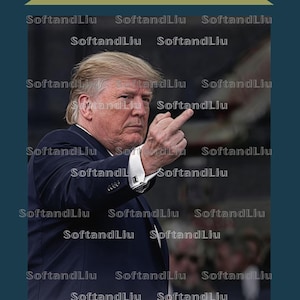 May include: A man in a navy blue suit gestures with his right hand, middle finger extended. The image has the text "NEW DIGITAL" at the top. The background is blurred, with the name "SoftandLiu" repeated throughout the image.