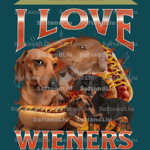 Op de afbeelding: Digitale kunstprint met teckels en hotdogs met de tekst "I LOVE WIENERS" in oranje letters. De afbeelding heeft een teal achtergrond met vlammen en de woorden "NEW DIGITAL" bovenaan.