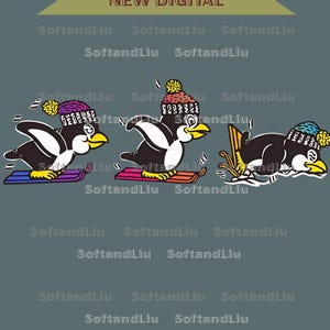 May include: A digital illustration featuring three penguins on skis. Each penguin is black and white with a yellow beak and feet, wearing a colorful knit cap. The text "NEW DIGITAL" is at the top.