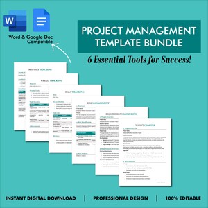 May include: A set of six printable project management templates in a teal and white color scheme. The templates include monthly, weekly, and daily tracking, risk management, requirements gathering, and a project charter. The text "6 Essential Tools for Success!" is displayed in a teal color.
