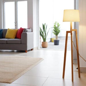 Handmade Floor Lamp • Tall Lamps with Drum Shade • Wooden Floor Lamp with Mid Wood Stand • Modern Floor Lamp for Living Room Home Decor
