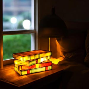 Resin Stacked Books Night Light - Handmade Book Lamp - Cozy Bedside Table Lamp - Boho Aesthetic Desk Light - Unique Home Library Decor Gift