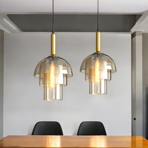 Unique Modern Glass Pendant Light – 3 Amber Glass Shades, Contemporary Ceiling Light, Kitchen Island Lighting, Dining Room Hanging Lamp