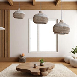 Darian Rattan White Stripe Woven Pendant Light Fixture | Handcrafted Ceiling Lamp | Coastal Boho Mid-Century Design | Eco-Friendly Lighting