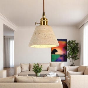 Small Speckled Ceramic Pendant Light • Matte Cream Stone Lamp • Brass or Nickel Fixture • Japandi Minimalist Kitchen Lighting