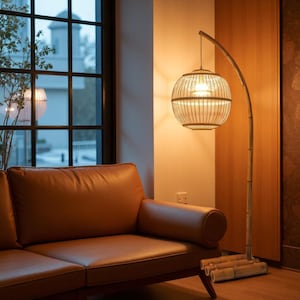 Handmade Bamboo Floor Lamp • Japandi Style Arc Lamp • Woven Rattan Globe Light • Boho Rustic Tall Standing Lamp for Living Room & Bedroom