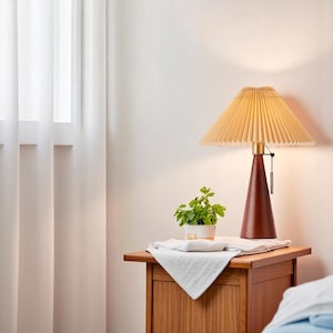 Handmade Oak Wooden Table Lamp with Pleated Fabric Shade • Japandi Nightstand Lamp • Vintage Desk Light • Bedside Giftware Lighting