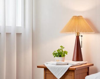 Handmade Oak Table Lamp: Japandi Pleated Fabric Shade