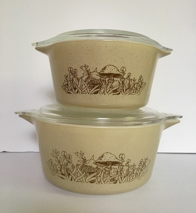 Vintage1980/'s Pair Pyrex Forest Fancies Mushroom 1 Qt and 1.5 Qt Casserole Refrigerator Storage with Lids