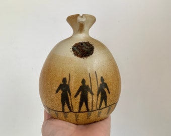 Flat Earth Michael Schlyer Three Warriors Studio Pottery Vase