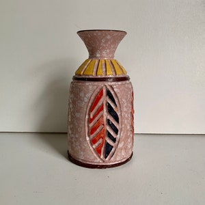Mid Century Brutalist Alrose Multi Color Incised Italian Pottery Vase/Vessel