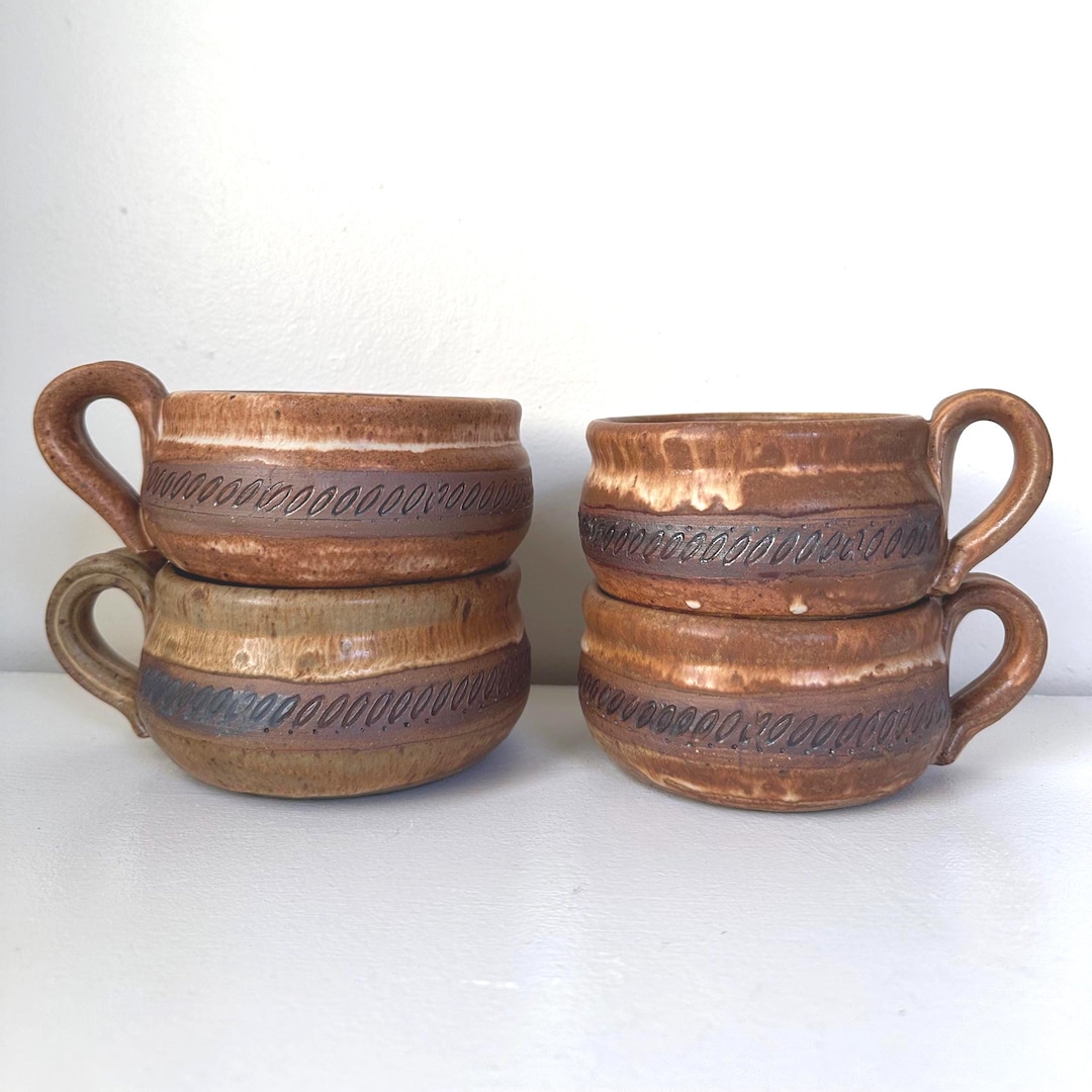 Four Rustic Hand Thrown Stoneware Drip Glaze Soup Mugs - Etsy